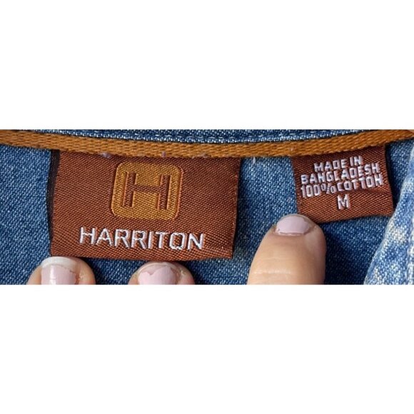 Harriton  Denim Embroidered Button Down Shirt Sz M Seamstress Needle Thread Sew - Picture 6 of 7